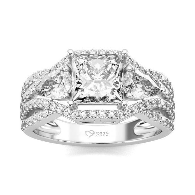 Bortwide Three Stone Princess Cut Sterling Silver Ring