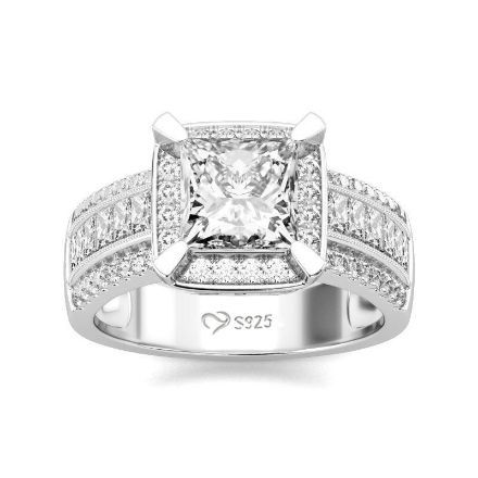 Bortwide Halo Princess Cut Sterling Silver Ring