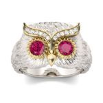 Bortwide Two Tone Feather Design Round Cut Sterling Silver Owl Ring