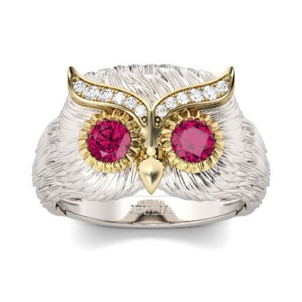 Bortwide Two Tone Feather Design Round Cut Sterling Silver Owl Ring