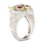 Bortwide Two Tone Feather Design Round Cut Sterling Silver Owl Ring