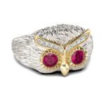 Bortwide Two Tone Feather Design Round Cut Sterling Silver Owl Ring