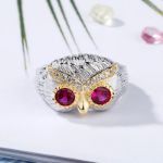 Bortwide Two Tone Feather Design Round Cut Sterling Silver Owl Ring