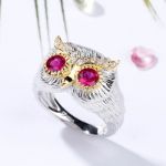 Bortwide Two Tone Feather Design Round Cut Sterling Silver Owl Ring