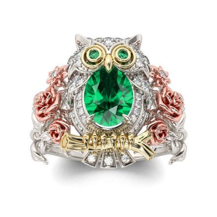 Bortwide Three Tone Oval Cut Sterling Silver Owl Ring