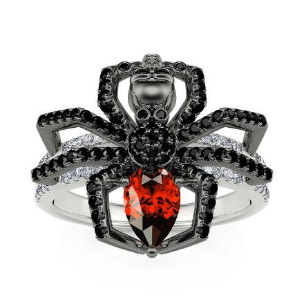 Bortwide Spider Skull Biker Black Tone Pear Cut Sterling Silver Ring