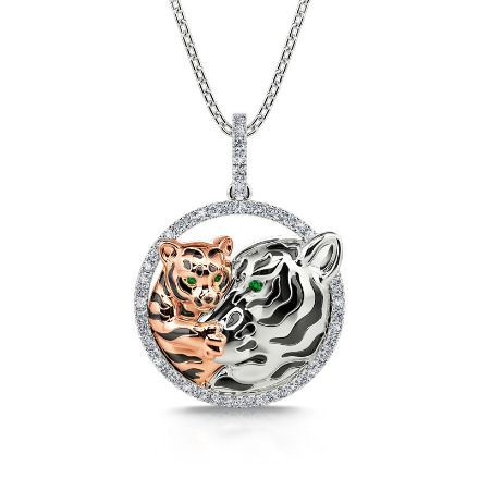 Bortwide "Huddle with You" Mom and Baby Tiger Pendant Sterling Silver Necklace