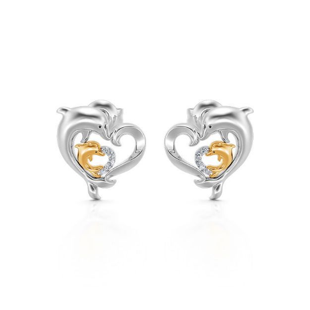 Bortwide "Joyful Dance" Mom & Baby Dolphin Heart Sterling Silver Earrings