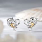 Bortwide "Joyful Dance" Mom & Baby Dolphin Heart Sterling Silver Earrings