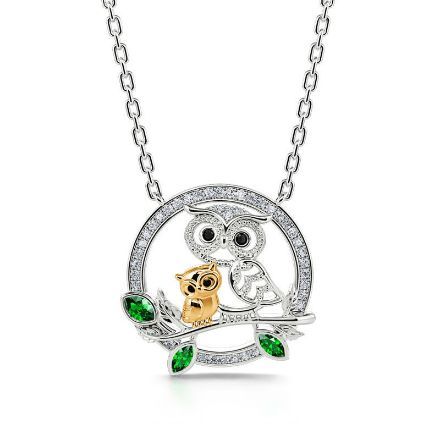 Bortwide "Always by My Side" Mother and Baby Cute Owls Round Sterling Silver Necklace