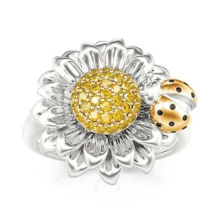 Bortwide Ladybug With Daisy Sterling Silver Ring