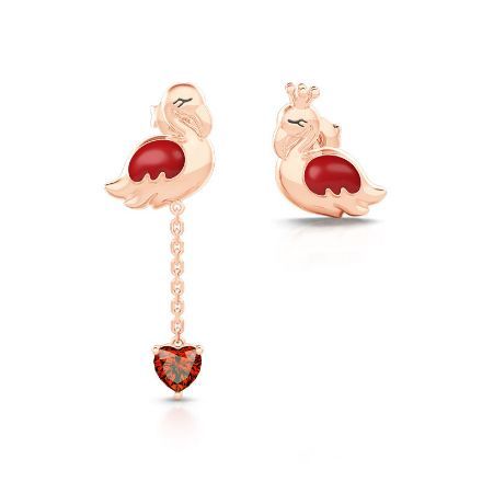 Bortwide "Sweet Love" Flamingo Couple Sterling Silver Asymmetrical Earrings