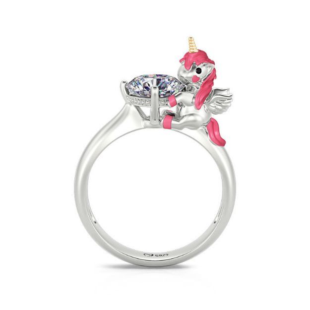 Bortwide Hug Me "Dreams Come True" Cute Animal Unicorn Round Cut Sterling Silver Ring