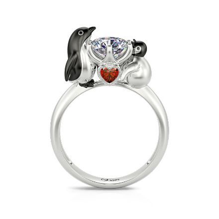 Bortwide Hug Me "Play with My Baby" Penguin Round Cut Sterling Silver Ring