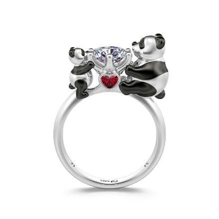 Bortwide Hug Me "Powerful Love" Mom and Baby Panda Round Cut Sterling Silver Ring