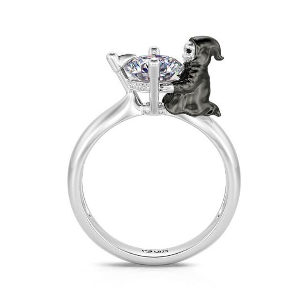 Bortwide Hug Me "Grim Reaper" Skull Sickle Round Cut Sterling Silver Ring