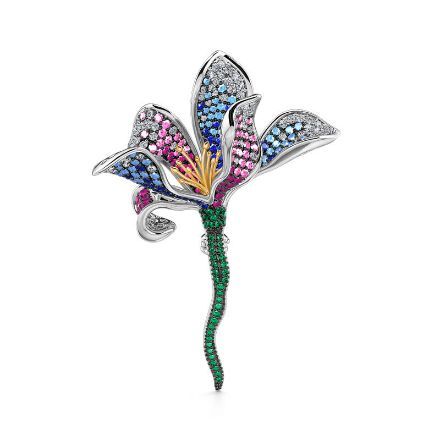 Bortwide "Invisible Flower" Multi-colored Stones Sterling Silver Brooch