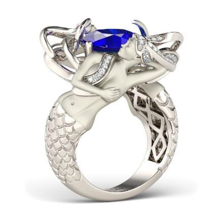 Bortwide Dark Blue Cushion Cut Sterling Silver Mermaid Ring