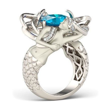 Bortwide Blue Cushion Cut Sterling Silver Mermaid Ring