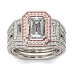 Bortwide 3PC Halo Emerald Cut Sterling Silver Ring Set