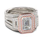 Bortwide 3PC Halo Emerald Cut Sterling Silver Ring Set