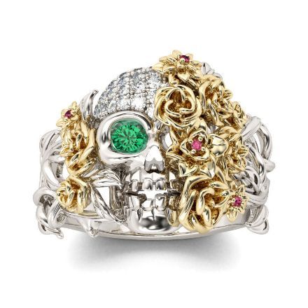 Bortwide Two Tone Floral Round Cut Sterling Silver Skull Ring