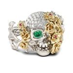 Bortwide Two Tone Floral Round Cut Sterling Silver Skull Ring