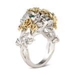 Bortwide Two Tone Floral Round Cut Sterling Silver Skull Ring