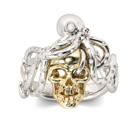 Bortwide Octopus Round Cut Sterling Silver Skull Ring