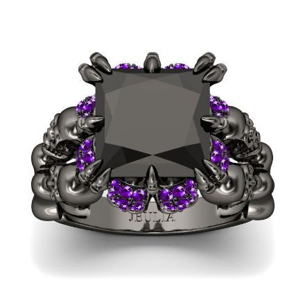 Bortwide Black Princess Cut Sterling Silver Four Skull Ring