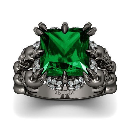 Bortwide Black Tone Princess Cut Created Emerald Four Skull Ring