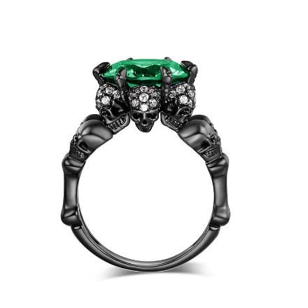 Bortwide Four Skull Green Round Cut  Sterling Silver Skull Ring