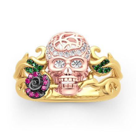 Bortwide "Forever Romance" Skull and Rose Sterling Silver Ring