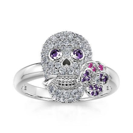 Bortwide "Forever Romance" Skull and Flower Sterling Silver Ring