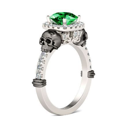 Halo Cushion Cut Emerald Sterling Silver Skull Ring