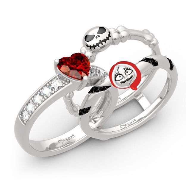 Bortwide "Skull Couple" Heart Cut Sterling Silver Enhancer Ring Set