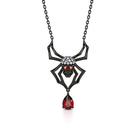 Bortwide Black Tone Spider with Skull Head Sterling Silver Necklace