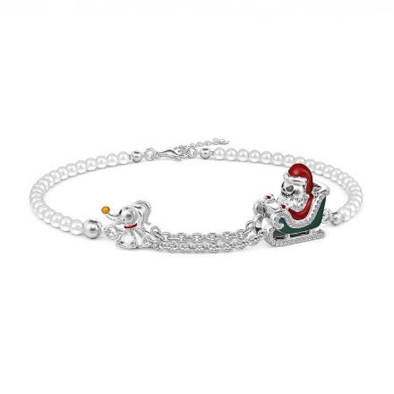 Bortwide "Holiday Cheermeister" Santa Jack&Zero Cultured Pearl Sterling Silver Bracelet（195mm）