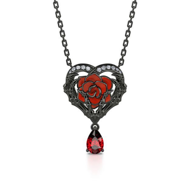 Bortwide "Never Ending Love" Skeleton Hands & Rose Sterling Silver Necklace