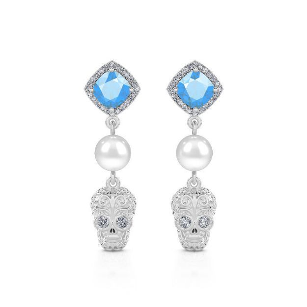 Bortwide "Departed Soul" Sugar Skull Cultured Pearl Sterling Silver Earrings