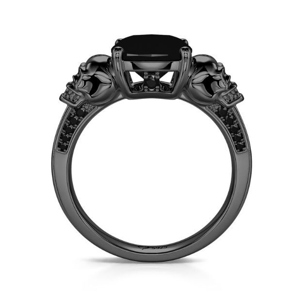 Bortwide"Eternal Love" Black Skull Cushion Cut Gothic Sterling Silver Ring