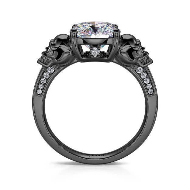 Bortwide "Eternal Love" Black Skull Cushion Cut Gothic Sterling Silver Ring