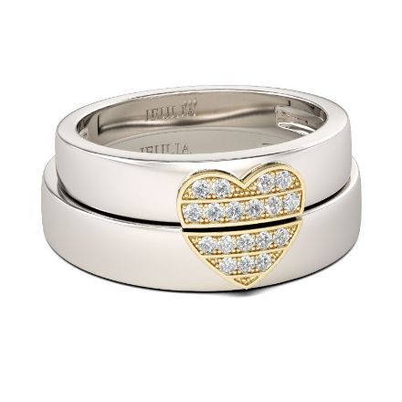 Bortwide Two Tone Heart Design Round Cut Sterling Silver Band Set