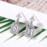 Bortwide Vintage Flower Halo Emerald Cut Sterling Silver Drop Earrings