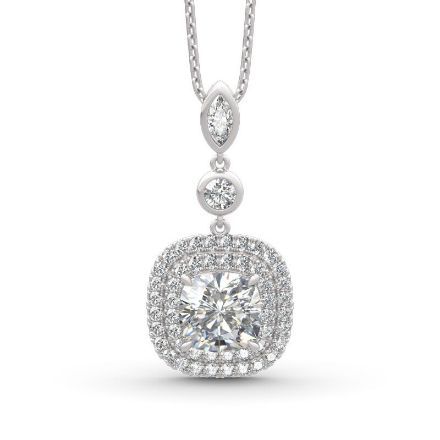 Bortwide Double Halo Cushion Cut Sterling Silver Necklace