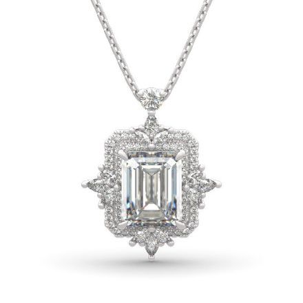 Bortwide Vintage Leaf Halo Emerald Cut Sterling Silver Necklace