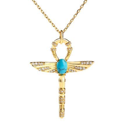 Bortwide "Ankh" Ancient Egyptian Scepter Turquoise Pendant Sterling Silver Necklace