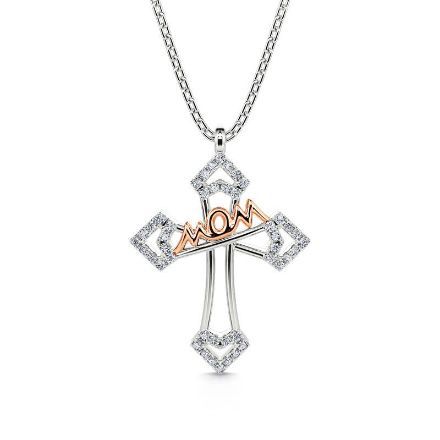 Bortwide "Mom Bless You" Mom Cross Sterling Silver Necklace
