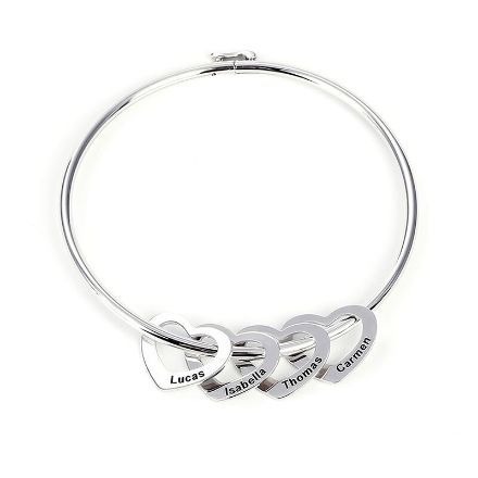 Bortwide Bangle Bracelet with Heart Shape Pendants in Sterling Silver