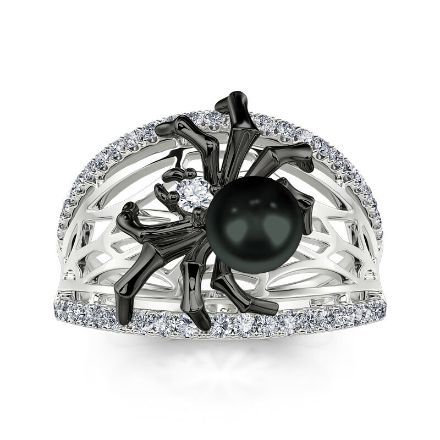 Bortwide "Black Widow" Gothic Cultured Black Pearl Spider Sterling Silver Band